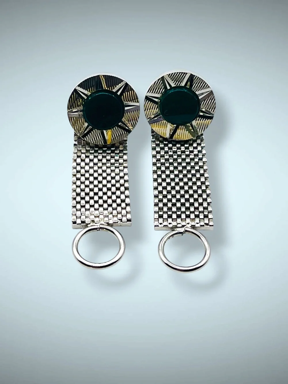 Vintage Mid Century Silver Tone Green Cabochon Mesh Wrap Cufflinks